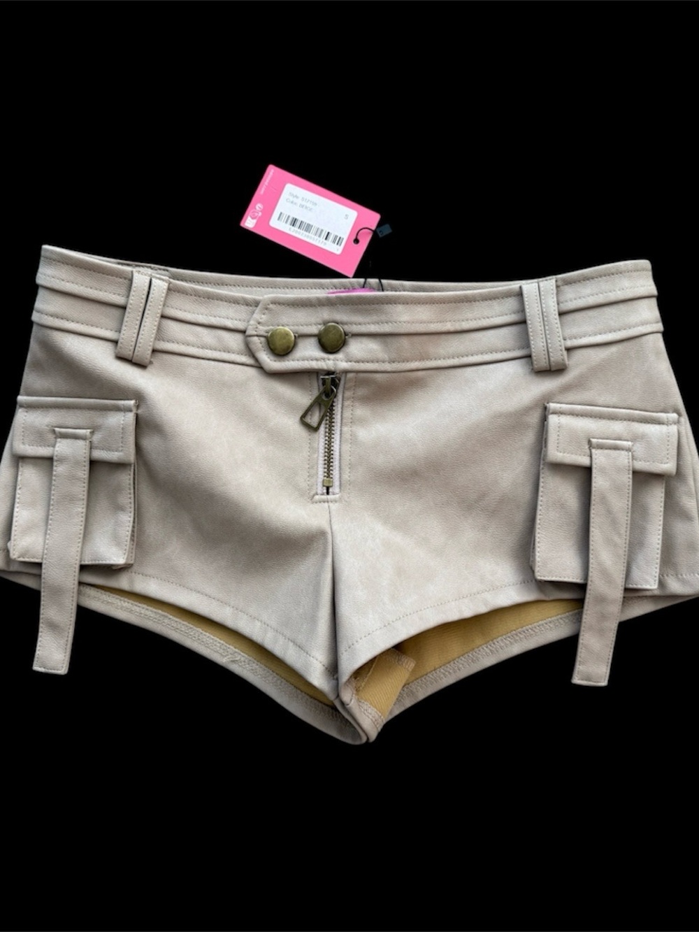 NWT Beige Faux Leather Cargo Shorts with Front Zip